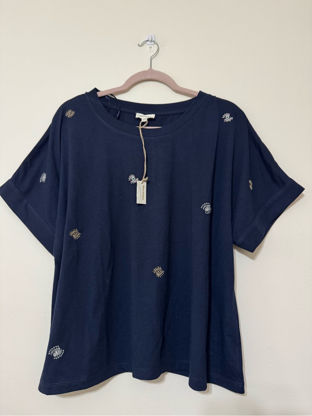 NWT World Market Navy Short Sleeve Tee with Eye Gold Embroidery